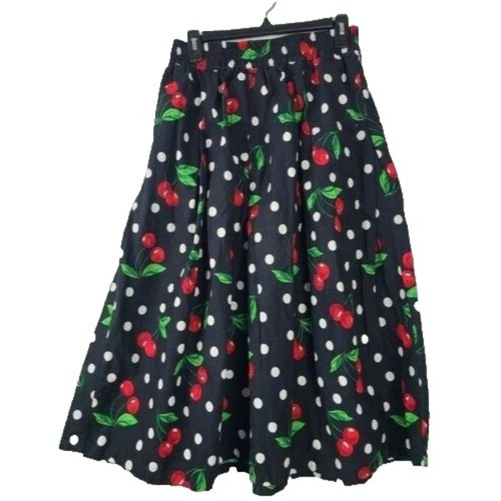 Truly 4 You Womens‎ Flared Midi Skirt Medium Black Polka Dot Cherry Retro Preppy